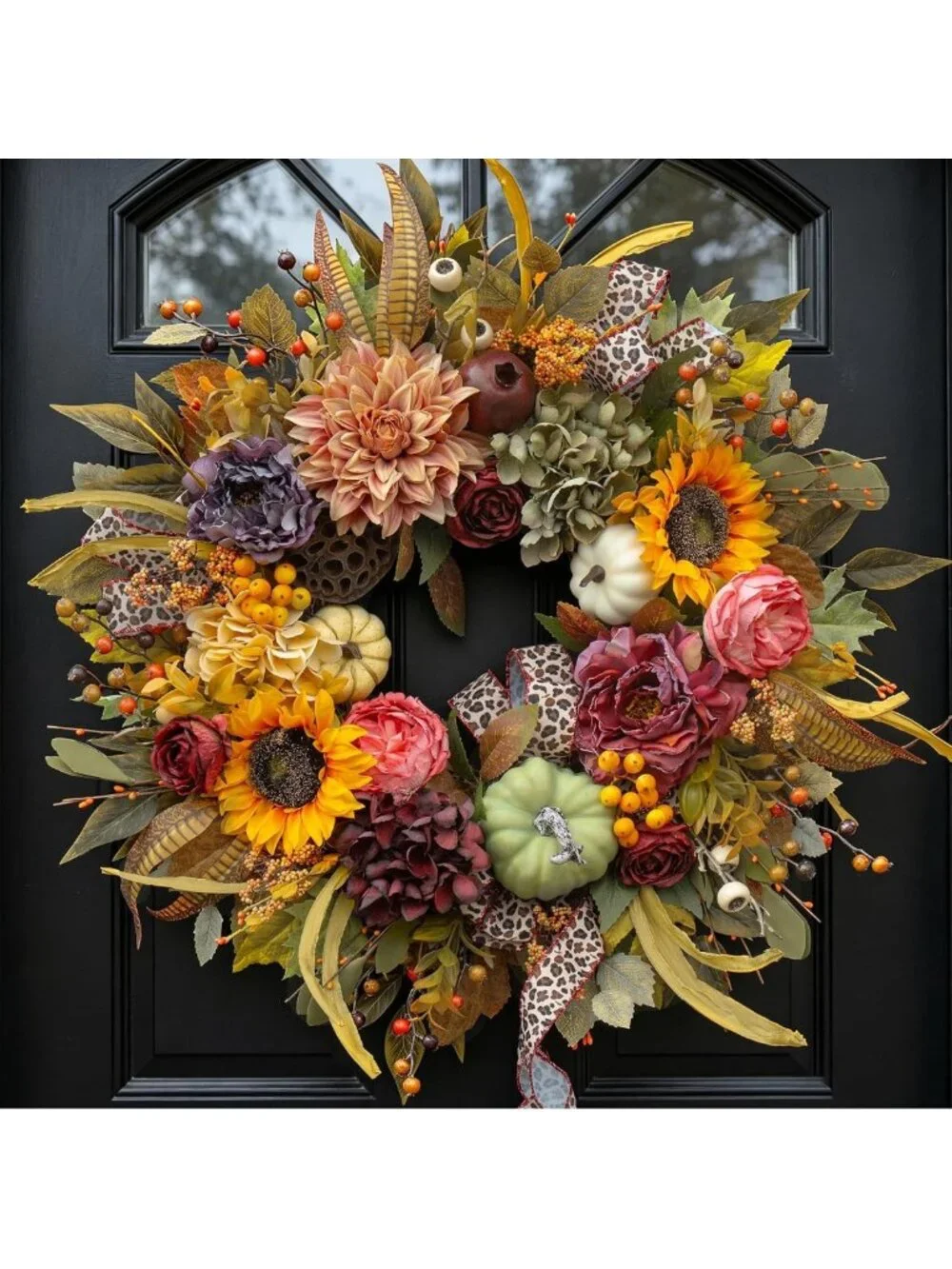 24-Inch Autumn Front Door Wreath with Pumpkins & Sunflowers - Fall Decor